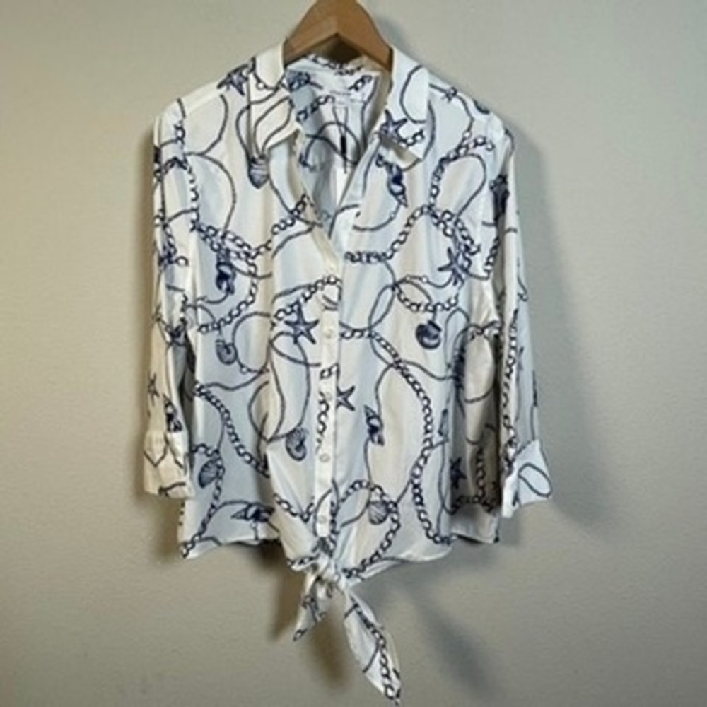 Chico's Shell Treasure Tie Front Shirt Women 18 White Blue Nautical No Iron 3.5